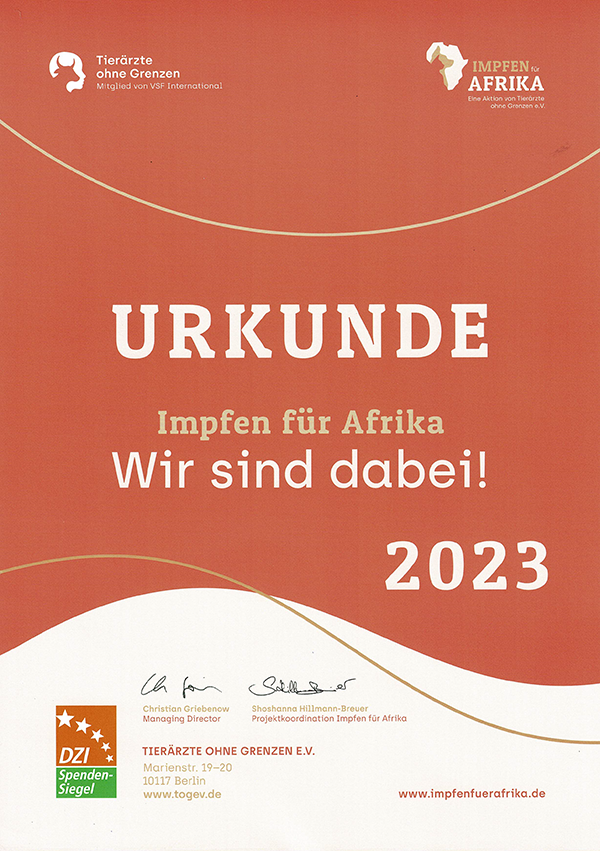 Urkunde Impfen für Afrika 2023